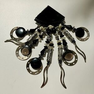 Large Vintage Chic Black, Silver, Pearl Statement Brooch with Dangle Accents